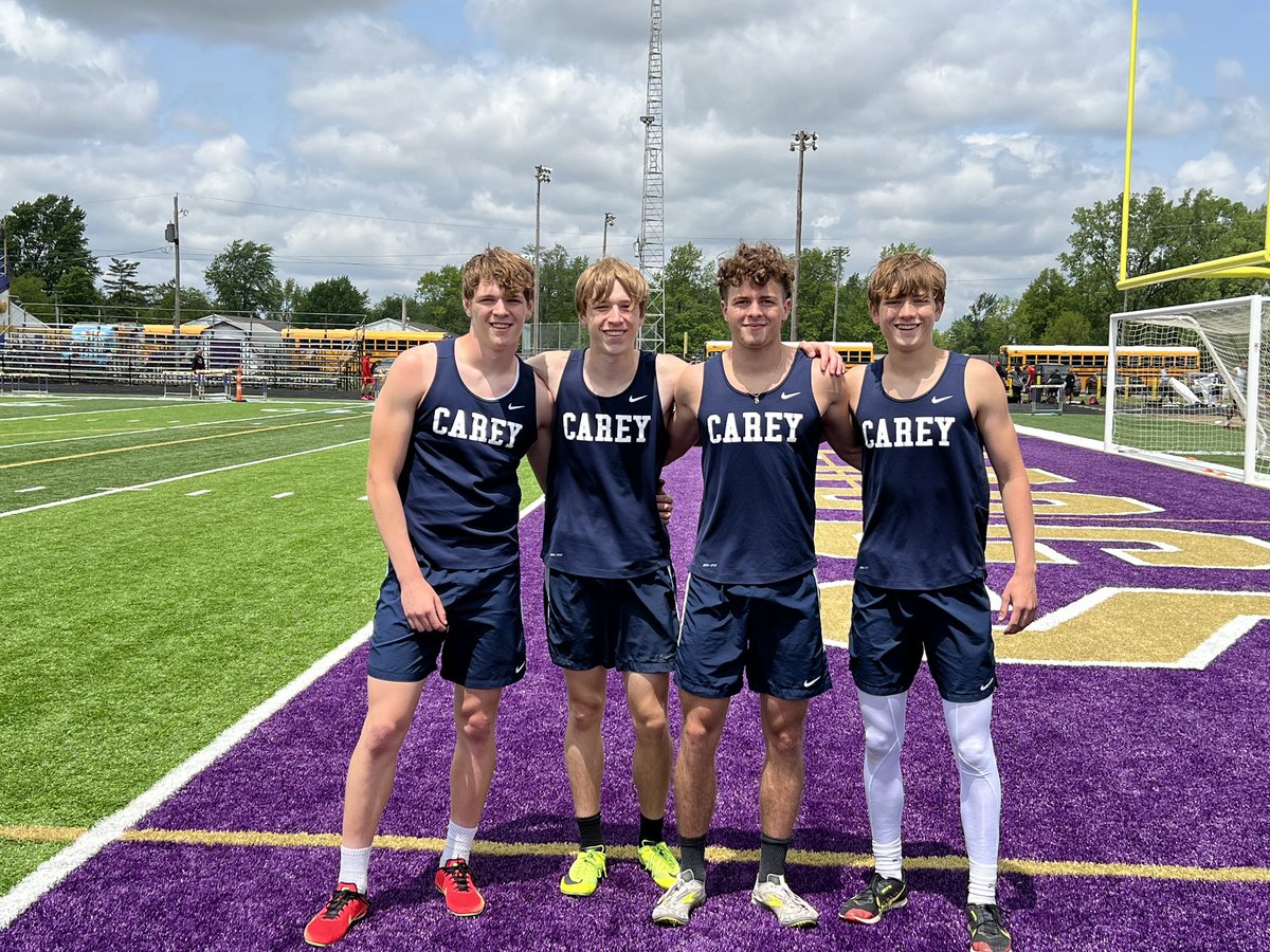 careybasketball's tweet photo. Congratulations to these speedy guys!!
4 x 400 meter relay Regional Qualifiers!!! 
@AustinNiederko3 , Brody @BraydenYoung24 , Bryce!! https://t.co/pHrYPlFVPg