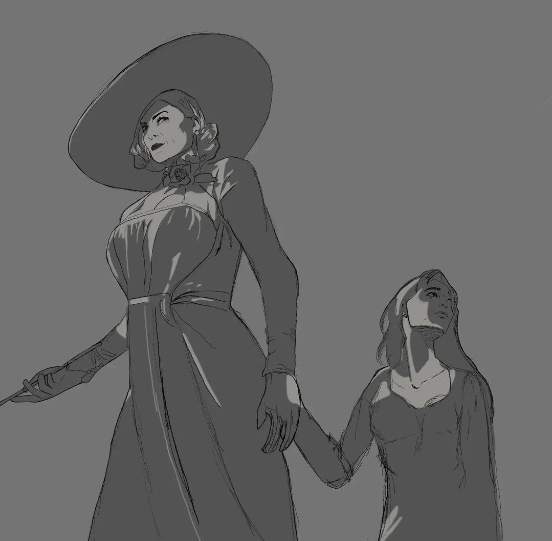 An older sketch of the lady with her new maiden~ 'Castle tour' #LadyDimitrescu #ResidentEvil #ResidentEvilVillage #digitalart #art #artist #residentevil8 #tallwoman #lgbtq #drawing #horror