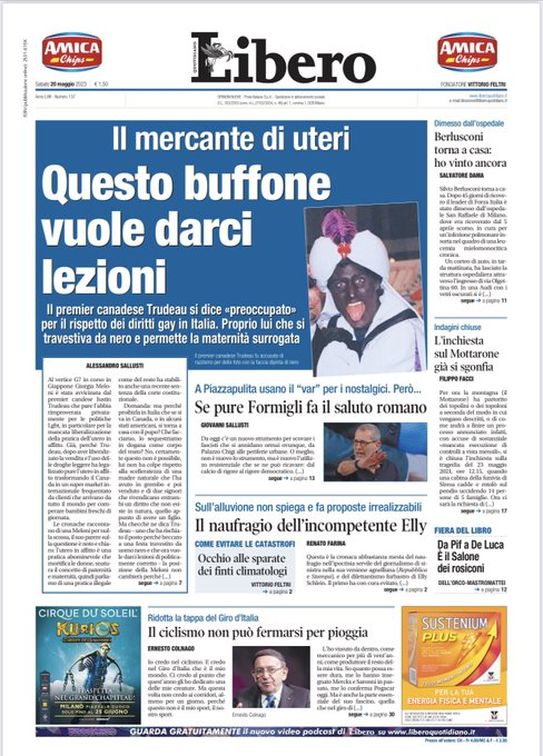 joshryanjames's tweet image. I don't speak Italian, but I am quite sure this Italian newspaper with the photo of Trudeau in blackface is calling him a BAFFOON. Any Italians out there?