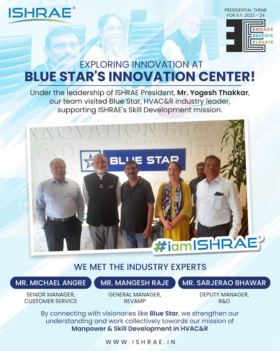 ishraehq's tweet photo. Under the leadership of ISHRAE President, Mr. Yogesh Thakkar, our team visited Blue Star, HVAC& industry leader, supporting ISHRAE's Skill Development mission.
#Ishrae #Iamishrae #MyIshrae #ishraechapters #southchapter #engageeducateelevate #newbeginnings #engineeringsolutions https://t.co/WSZgHYMxLO
