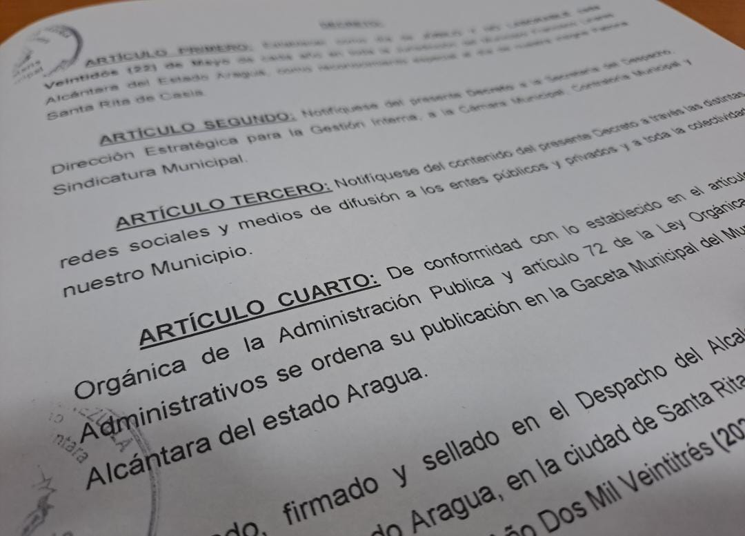 Mediante Decreto 0007/2023 debidamente publicado en Gaceta Municipal Nro.095/2023, hemos establecido como día de JÚBILO Y NO LABORABLE todos los 22 de mayo de cada año en toda la Jurisdicción del Municipio como reconocimiento especial al día de nuestra insigne Patrona Santa Rita