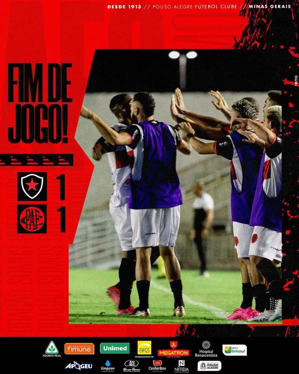 Acaba o jogo! 🔴⚫️

Pela quarta rodada do Campeonato Brasileiro da Série C, o Pouso Alegre FC foi até a Paraíba enfrentar o Botafogo-PB e conseguiu sair com um empate em 1 a 1.

#VamosVamosMeuPousão
#BrasileirãoSérieC