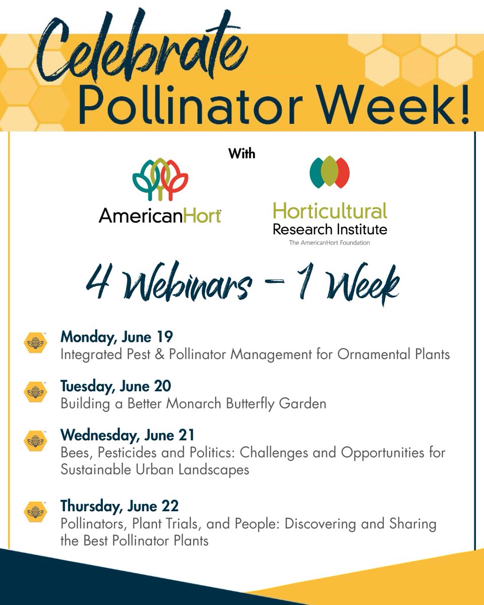 In celebration of #NationalPollinatorWeek, AmericanHort &amp; <a href="/HortResearch/">HRI - Hort Research</a> present a series of free tHRIve webinars focused on all things pollinator health. 

Explore our upcoming webinars: AmericanHort.co/Pollinator-Wee…

#WorldBeeDay #worldbeeday2023 #pollinatorfriendly #pollinatorplants