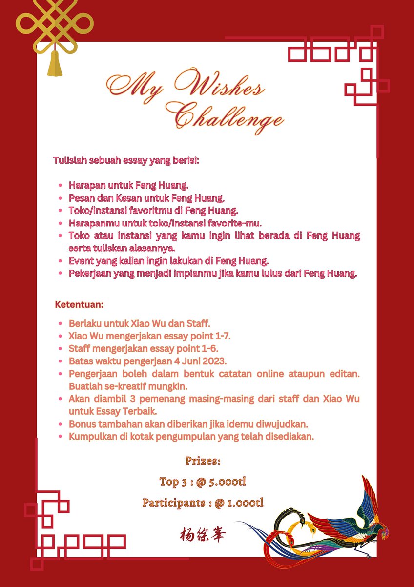 YangShifu_'s tweet image. ㅤ
"My Wishes" Challenge  

Dikarenakan Feng Huang masih baru sekali, kami memerlukan banyak masukan yang membangun dari semua Penghuni Feng Huang Academy. 

Challenge bersifat Optional.

Good Luck!
ㅤ