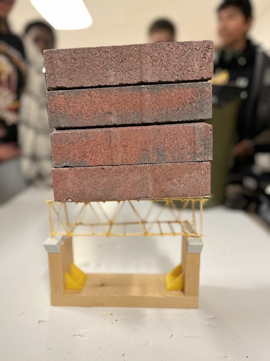 We tested our bridges yesterday. We had two bridges that maxed out with six bricks. Bricks weigh in a 408 Oz and the heavier of the bridges was .48 Oz. Gotta bring in more brick for Monday. #teched
