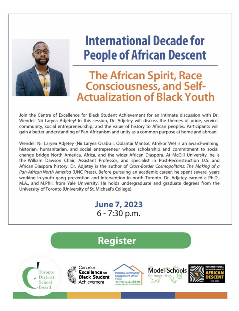The African Spirit, Race Consciousness, and Self-Actualization of Black Youth

Dr. Adjetey will discuss the themes of pride, service, community, social entrepreneurship, &amp; the value of history. Join us!
 
June 7 | 6 - 7:30 p.m.
Register: bit.ly/42RS3AS

#tdsbcebsa #tdsb