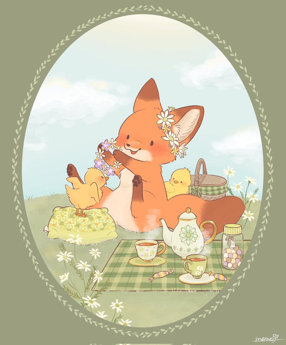 Memegmu's tweet photo. Picnic Time!🦊🐤🌼 https://t.co/7EKk5LdJ6a