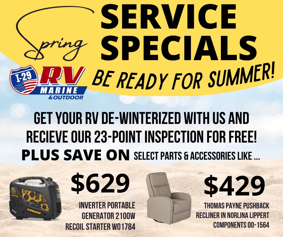 Be ready for summer with blowout pricing on select parts & accessories! De-winterize your RV with us & RECIEVE OUR 23-POINT INSEPCTION FOR FREE! Call 6053054678, text 6052504114, or click i29rv.com #i29rv #rv #motorhome #traveltrailer #rvlifestyle #rvtravel #rvlife