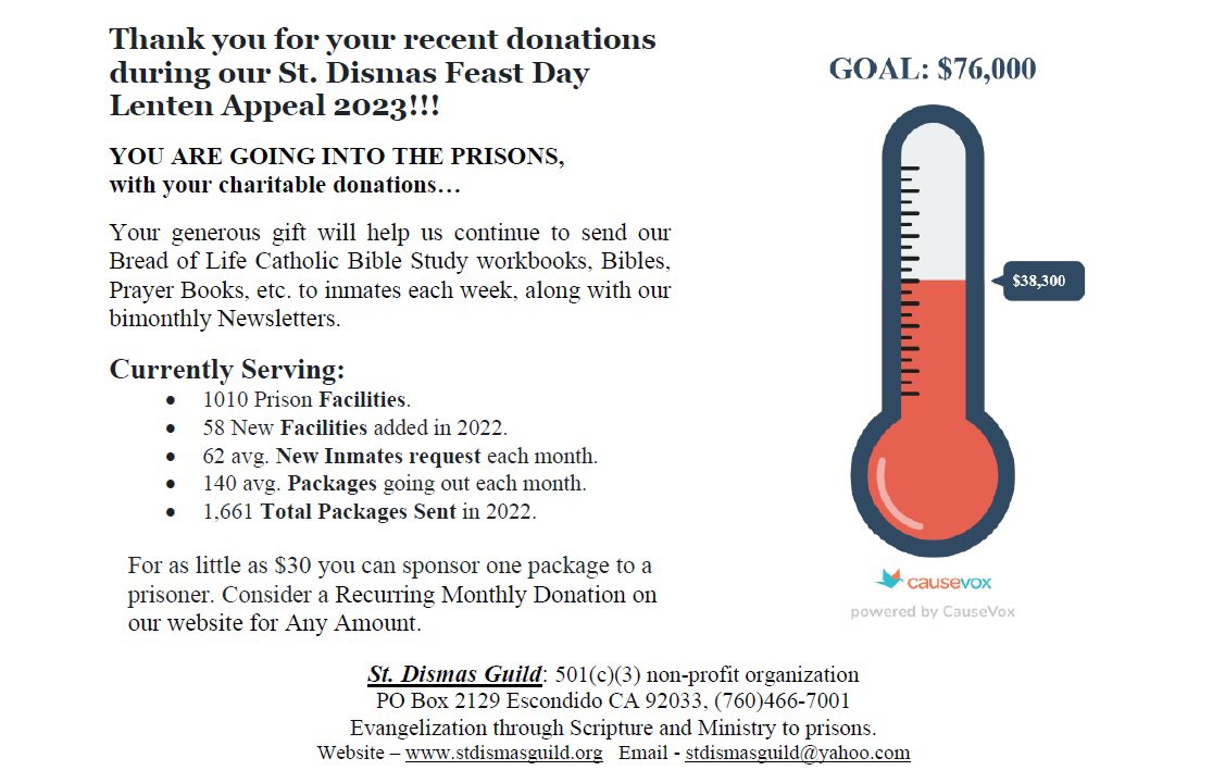 God is Good…

Thank you for your recent donations during our St. Dismas Feast Day Lenten Appeal 2023!!!

YOU ARE GOING INTO THE #PRISONS, 
with your charitable #donations 

Catholic #nonprofit #prisonministry  #inmates #inmate #prison #prisoner  #prisoners #fundraising