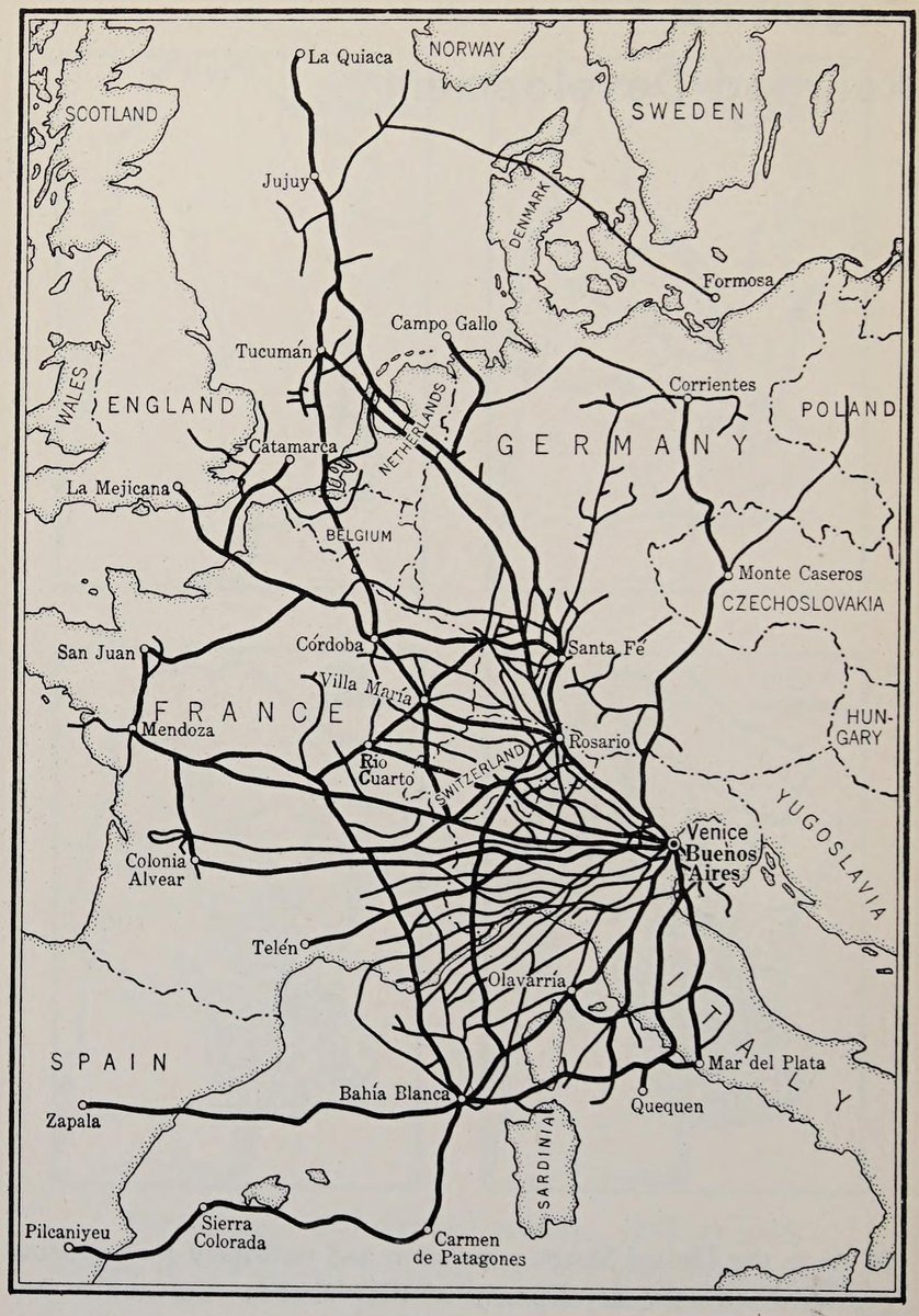 EdmapsCom's tweet image. #Argentina is not a small country: 'The railroads of Argentina superimposed on a map of Central Europe' (1943) #comparative #map #BuenosAires #Venice #Rosario #MarDelPlata #BahiaBlanca #Tucuman #Jujuy #Italy #France #Spain #England #Sweden #Netherlands