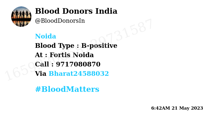 Blood Donors India (@blooddonorsin) on Twitter photo #SOS
#Noida
Need #Blood Type : B-positive
Blood Component : Platelets
Number of Units : 2
Primary Number : 9717080870
Secondary Number : 9795245057
Patient : Javed Urfi
Illness : Leukemia
Via: <a href="/Bharat24588032/">Help Uttarakhand Group</a>
#BloodMatters #SOS
#Noida
Need #Blood Type : B-positive
Blood Component : Platelets
Number of Units : 2
Primary Number : 9717080870
Secondary Number : 9795245057
Patient : Javed Urfi
Illness : Leukemia
Via: <a href="/Bharat24588032/">Help Uttarakhand Group</a>
#BloodMatters