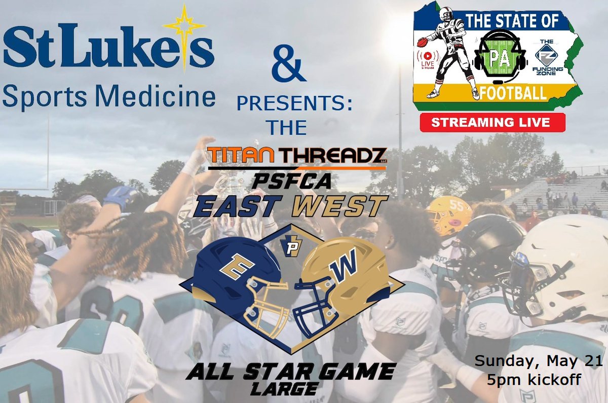 THE BIG NEWS! WE WILL BE STREAMING THE <a href="/TitanThreadz/">Titan Threadz</a> PSFCA EAST/WEST ALL STAR GAMES STARTING SUNDAY, MAY 21 AT 11:55 AM. JUST HEAD TO PAFOOTBALLNEWS.COM! LOOK FOR THE FEED AT THE TOP OF THE SITE! BROUGHT TO YOU BY <a href="/SLUHNSportsMed/">St. Luke's Sports Medicine</a>!!