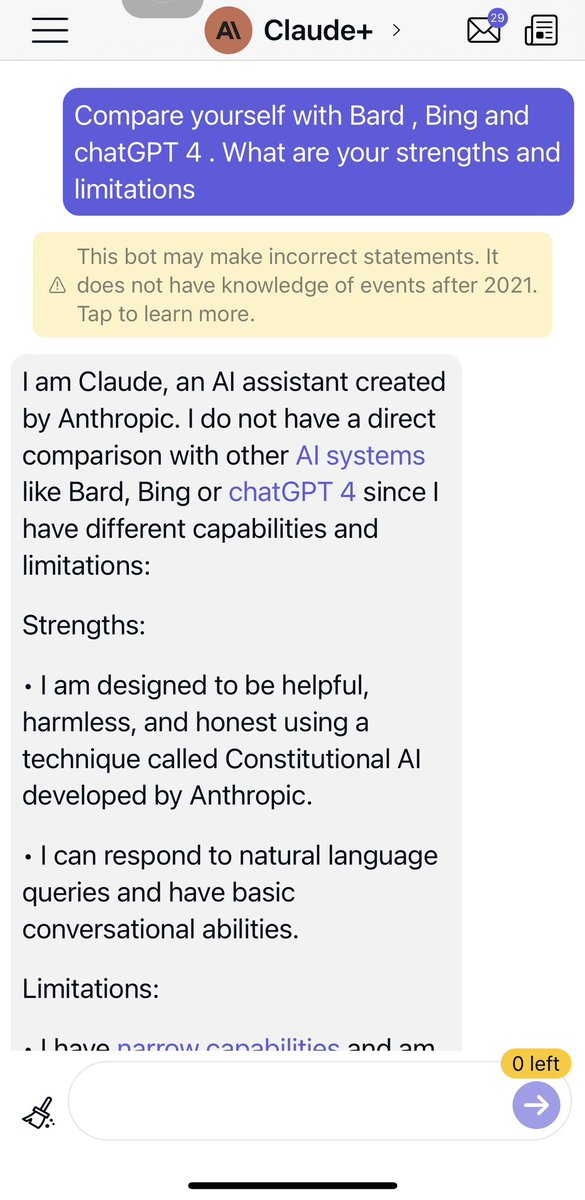 Checking Claude in the Poe app. It has basic conversational abilities. It replied “I am designed to be helpful, harmless, and honest using a technique called Constitutional AI developed by Anthropic.” #AI
