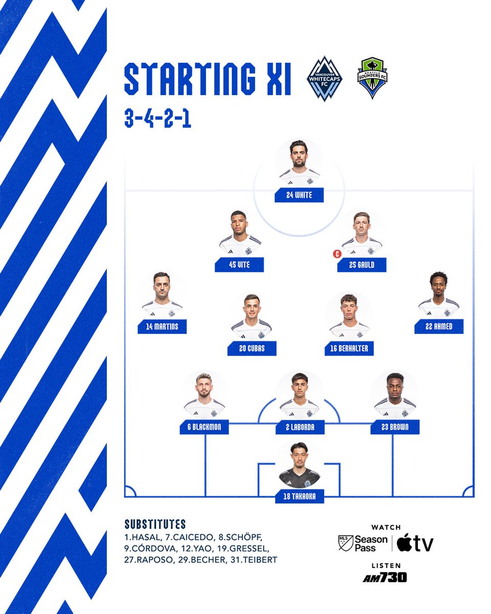 WhitecapsFC's tweet photo. Our 𝙎𝙏𝘼𝙍𝙏𝙄𝙉𝙂 𝙓𝙄 vs @soundersfc 🔉

Kickoff is set for 7:39pm PT on #MLSSeasonPass on the @appletv app &amp; @AM730Traffic 📺

#VWFC| #VANvSEA https://t.co/MTVcXZC0iT