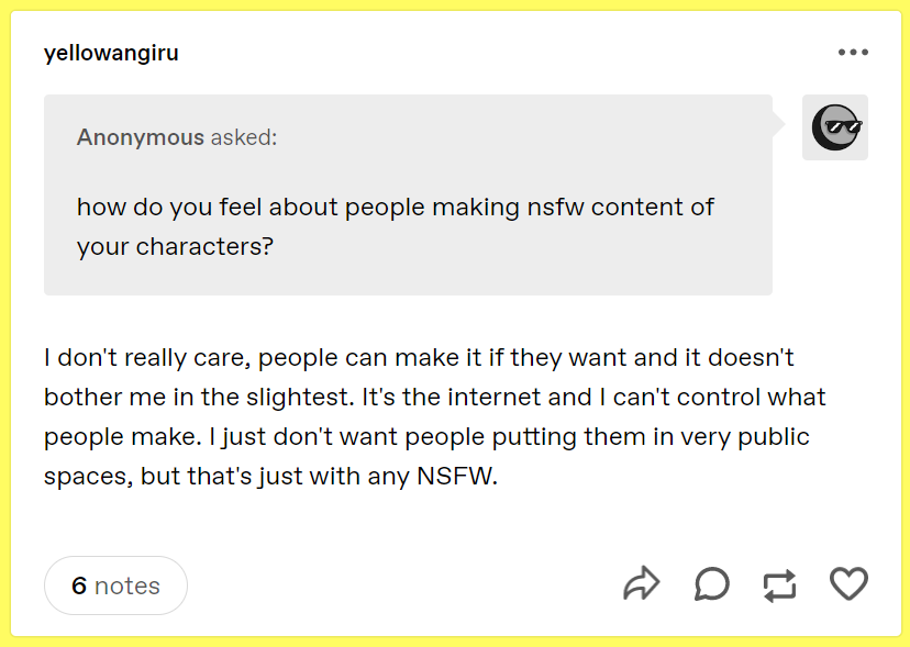 I do want to point this out quickly, to correct misinformation.
nsfw is not against YellowAngiru's boundaries, and we have not posted any of it anywhere publicly.
that's all I wanted to point out.