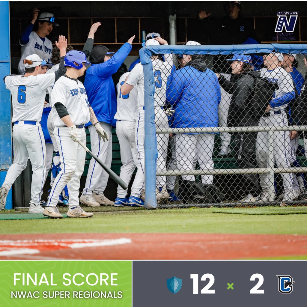 NWAC ⚾️ Super Regional Game 2 final from Triton Field: @EdmondsBaseball 12, Clark 2 (7).

Same two teams are back at it Sunday at noon. #NWACbsb 

Box score: nwacsports.org/sports/bsb/202…