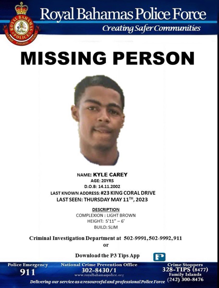BahamianFlame's tweet photo. Hi Everyone, 

We know that you may have gotten a Marco Alert for Kyle Carey, please circulate the missing person flyer so people can associate a face with the name.

Kyle has been missing over a week, please pray for his safe return 🙏🏽 https://t.co/xvolVSzrFk