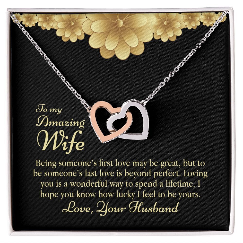 Give the gift of happiness and love to your special someone. 
To My Wife Interlocking Hearts Necklace Gift For Wife Being Someone's First Love May Be Great But To Be Someone's Last Love Is Beyond Perfect.
Find the best gifts for any occasion at Funcleshop.
#GiftsForWife #Wif…