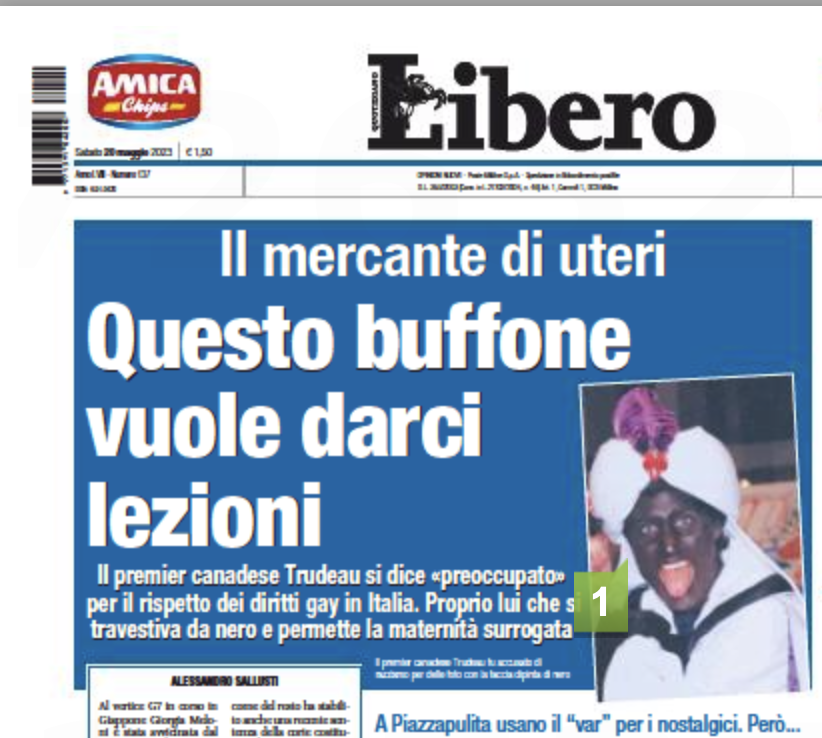 WeAreCanProud's tweet photo. A major Italian newspaper called Trudeau a BUFFOON after he tried to lecture their prime minister on human rights. 😂 https://t.co/4iEByBolkE