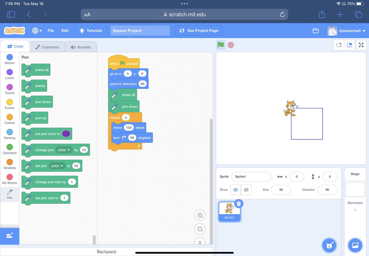 bjoneschatt's tweet photo. I'm new to learning how to code and this week I'm working on learning how to use Scratch for one of my classes. I figured out how to make basic shapes and I can definitely see how Scratch can effectively incorporate computational thinking into future lessons. #FRIT7234Summer23 https://t.co/5kqxORqEVV
