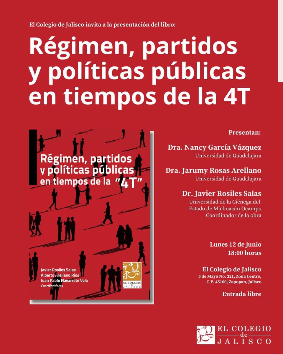 Este 12 de junio se presentará una obra colectiva dónde se hace un balance de la 4T. Los esperamos <a href="/CAmecip/">Comité Estatal Amecip-Jalisco</a> <a href="/CPoliticaUdeG/">Ciencia Política UdeG / Maestría y Doctorado</a> <a href="/iepcjalisco/">IEPC Jalisco</a> <a href="/Javier_Rosiles/">Javier Rosiles Salas</a> <a href="/jpnvela/">JUAN PABLO NAVARRETE VELA</a> <a href="/DoctoradoCPCuci/">Doctorado en Ciencia Política - CUCiénega - UdeG</a> <a href="/MAGOPP_UCEMICH/">MAGOPP Maestría en Gobierno y Políticas Públicas</a> <a href="/ceajalisco/">AMECIP Jalisco Estudiantes</a>