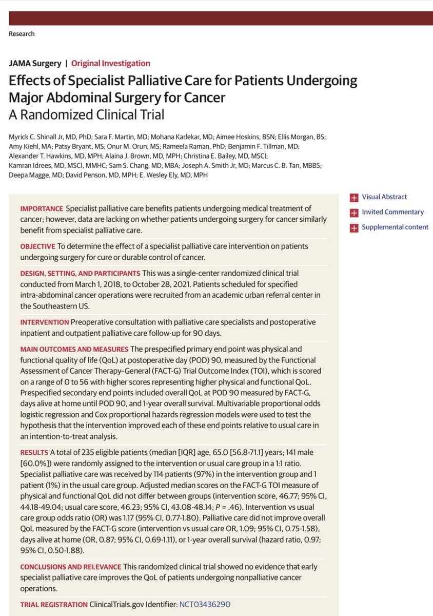 RyanNipp's tweet image. Effects of Specialist Palliative Care for Patients Undergoing Major Abdominal Surgery for #Cancer: A Randomized Clinical Trial.

jamanetwork.com/journals/jamas… 

@mcshinalljr @WesElyMD @JAMA_current @JAMAOnc @JAMASurgery @VUMC_Cancer 
#PallOnc #SurgOnc #GeriOnc #PalliativeCare