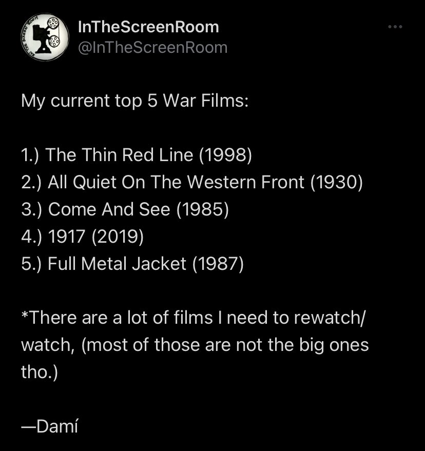 These are my #Top5 War Films,
(what are yours, and or which ones should I make sure to watch?)

#Films #WarFilms #Movies #WarMovies