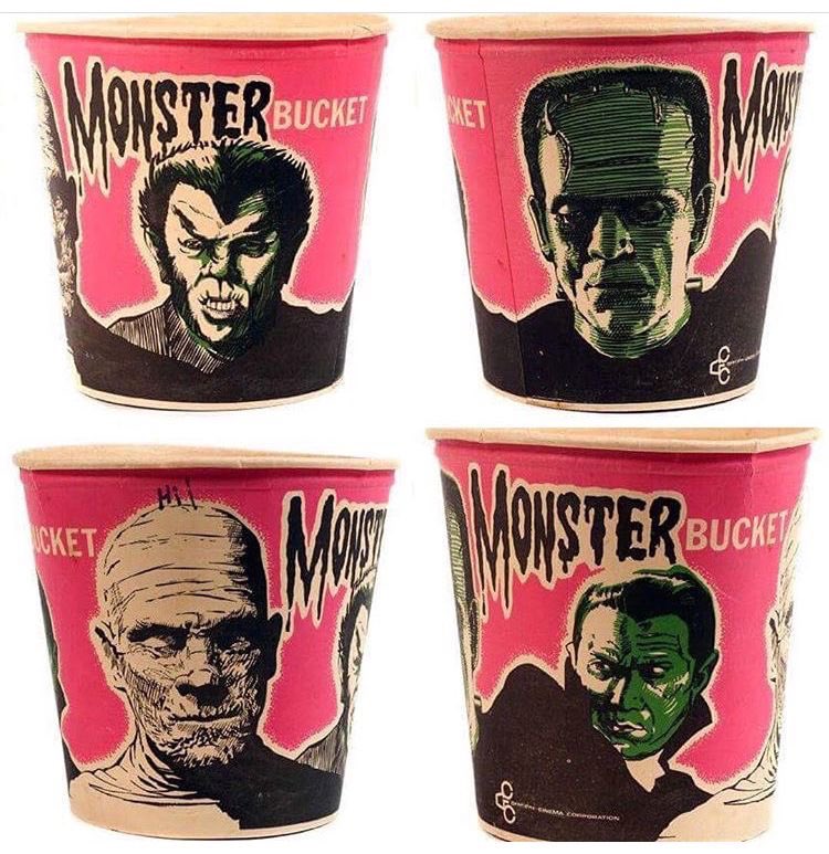 Universal Monsters popcorn buckets produced by General Cinema Corp. in the 1960s. #universalmonsters #matinee #HorrorFamily