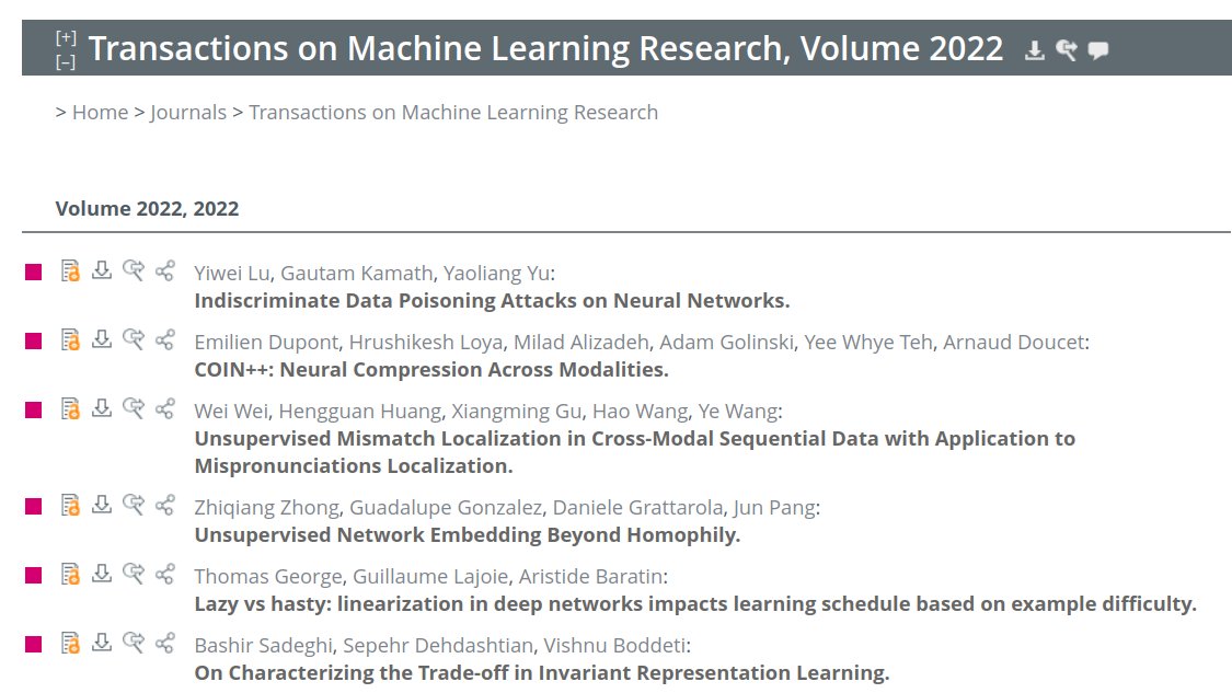 Gautam Kamath (@thegautamkamath) on Twitter photo TMLR (<a href="/TmlrOrg/">Transactions on Machine Learning Research</a>) is now indexed on dblp (<a href="/dblp_org/">дблп - ☮ Stop the war!</a>). So you'll now see TMLR papers on someone's profile, along with all their other CS conference/journal papers. Thanks to <a href="/dblp_MRA/">Marcel R. Ackermann</a>, <a href="/melisabok/">Melisa Bok</a>, <a href="/hugo_larochelle/">Hugo Larochelle</a>, and <a href="/kchonyc/">Kyunghyun Cho</a> for helping make this happen!
dblp.org/db/journals/tm… TMLR (<a href="/TmlrOrg/">Transactions on Machine Learning Research</a>) is now indexed on dblp (<a href="/dblp_org/">дблп - ☮ Stop the war!</a>). So you'll now see TMLR papers on someone's profile, along with all their other CS conference/journal papers. Thanks to <a href="/dblp_MRA/">Marcel R. Ackermann</a>, <a href="/melisabok/">Melisa Bok</a>, <a href="/hugo_larochelle/">Hugo Larochelle</a>, and <a href="/kchonyc/">Kyunghyun Cho</a> for helping make this happen!
dblp.org/db/journals/tm…