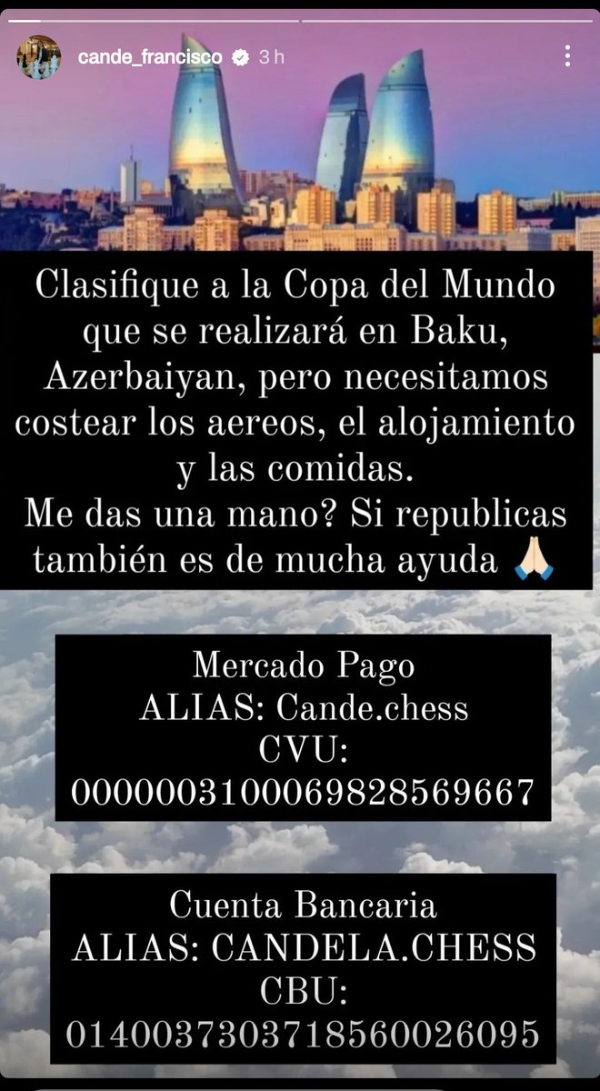 Candela Francisco, nuestra Gambito de Dama campeona y viral en la semana, noecesita ayuda para poder representarnos en el Mundial de Ajedrez. 

El alias de MP es Cande.chess vamos a darle la mano que necesita.