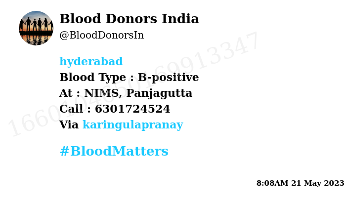 Blood Donors India (@blooddonorsin) on Twitter photo #SOS
#Hyderabad
Need #Blood Type : B-positive
Blood Component : Blood
Number of Units : 3
Primary Number : 6301724524
Patient : Baby Thanvi
Illness : Cordiac
Via: <a href="/karingulapranay/">Karingula Pranay KP</a>
#BloodMatters #SOS
#Hyderabad
Need #Blood Type : B-positive
Blood Component : Blood
Number of Units : 3
Primary Number : 6301724524
Patient : Baby Thanvi
Illness : Cordiac
Via: <a href="/karingulapranay/">Karingula Pranay KP</a>
#BloodMatters