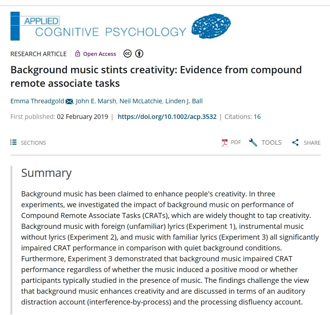 emollick's tweet photo. A lot of people are asking about music. The results there are not 100% clear, but recent studies have found a negative impact on complex and creative tasks.

No difference if the 🎶 was instrumental, foreign language, or a particular genre. Silence or low-level noise was best. https://t.co/5qigIYIPGE