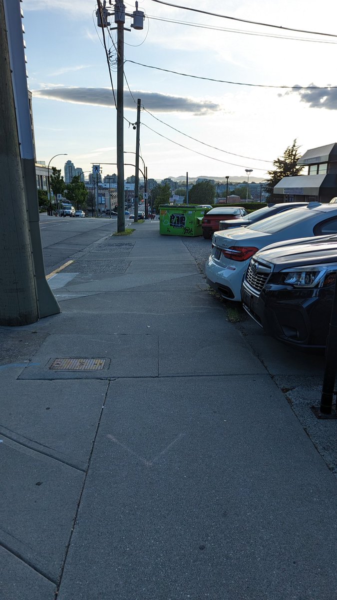 VicSidewalkFail's tweet photo. Heya @CityOfVictoria, Forward Auto has a huge parking lot but they store their dumpster on the sidewalk, like, it is always there. Could you follow up with them and with GFL? https://t.co/oTPMzIqf0C