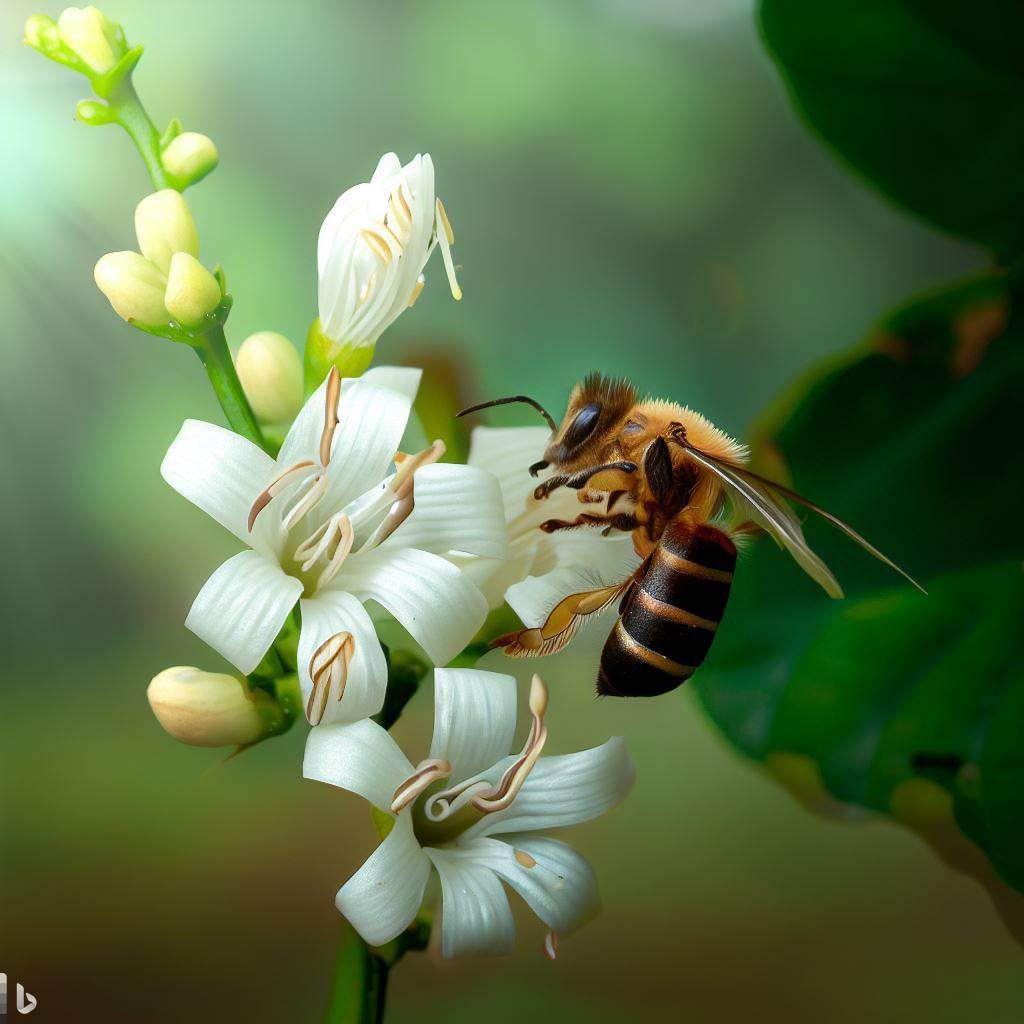 Image  1 is a photo I took of the bee in our coffee farm. The 2nd image is created by Bing . I gave detailed info to Bing  : Coffee flowers grow in clusters of 2-6 flowers on the ends of branches. The white petals of a coffee flower-delicate & thin, typically measure 1/2 inch…