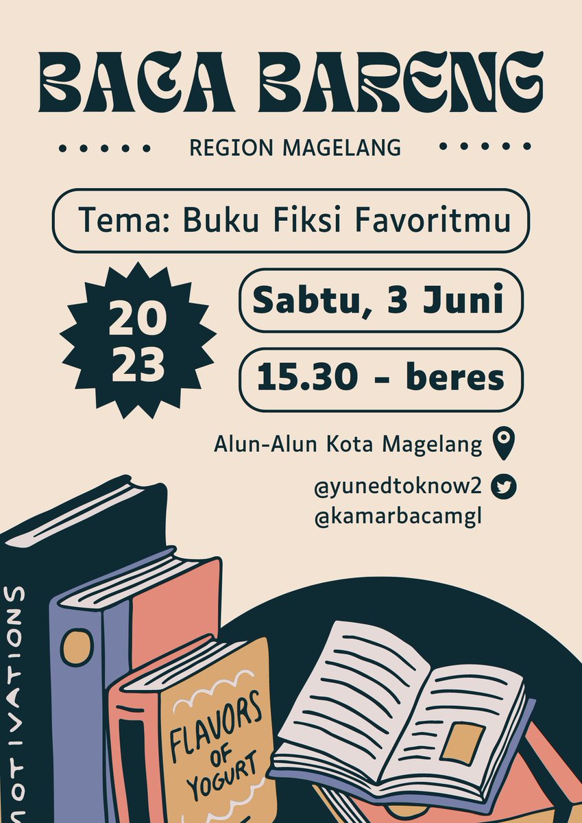 kamarbacamgl's tweet photo. Setelah diskusi yang cukup panjang dengan kak @yunedtuknow2, inilah dia sebuah event yang ditunggu-tunggu oleh para bookish Magelang dan sekitarnya:

✨ Baca Bareng Region Magelang ✨

cc @magelang_fess @txtdrMagelang https://t.co/OE2IaigzZ7