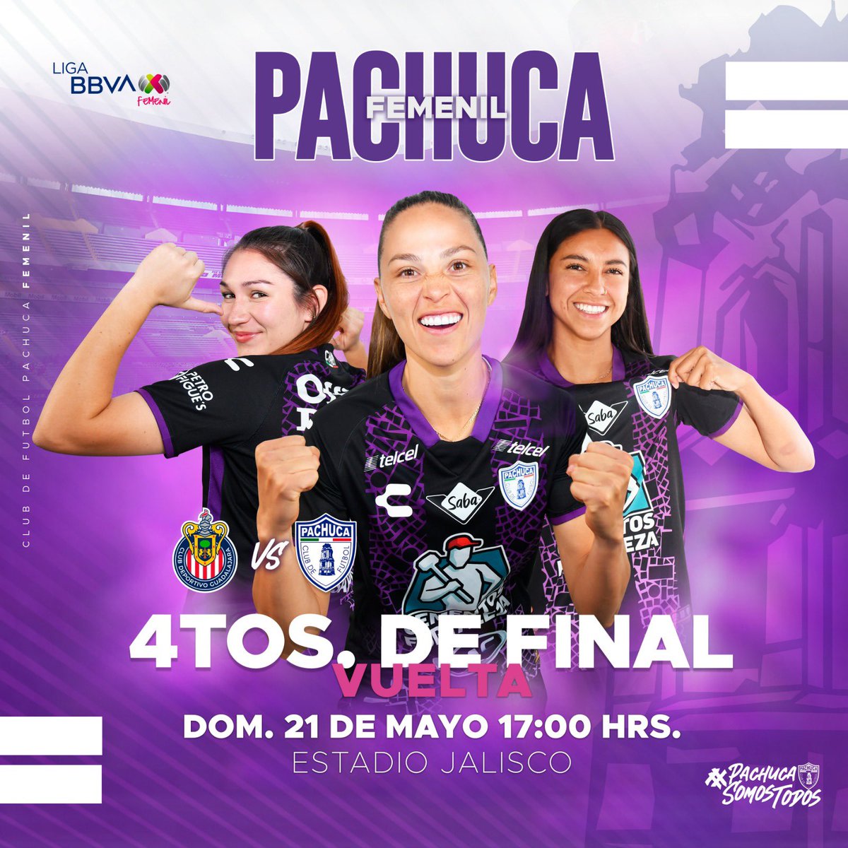 ⚽️ Vuelta 4tos Final 
🆚 Chivas vs  Pachuca  
📅 Domingo 21 de mayo
🕔 17:00 h
🏟️ Jalisco 
📺 @FOXSportsMX

#PachucaSomosTodos🤍💙 
#VamosLasTuzas💜