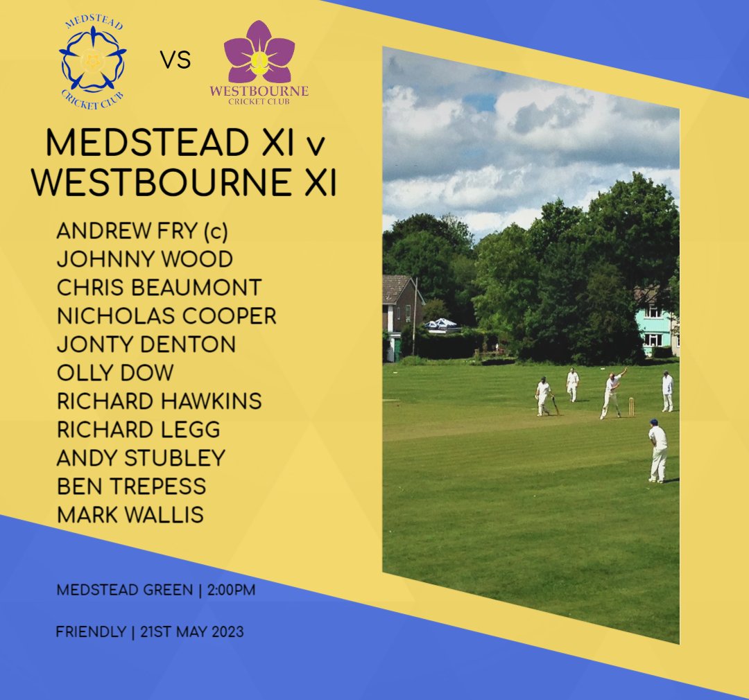 Our Sunday XI to host Westbourne CC this afternoon. 2pm start on the Medstead Green. Go well to all involved