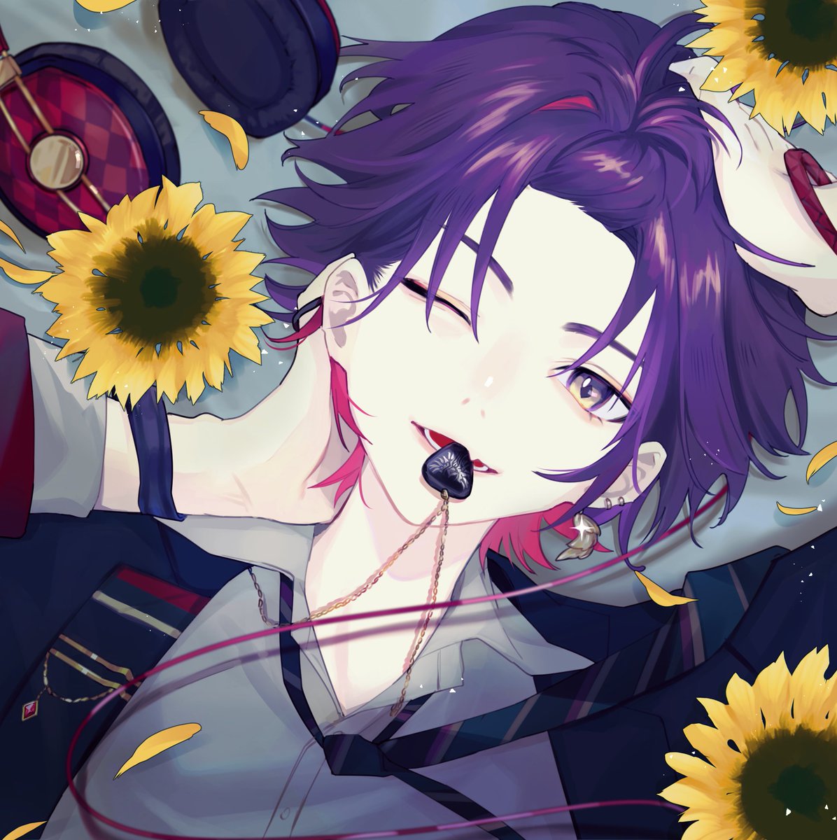 1boy flower purple hair one eye closed solo male focus sunflower  illustration images