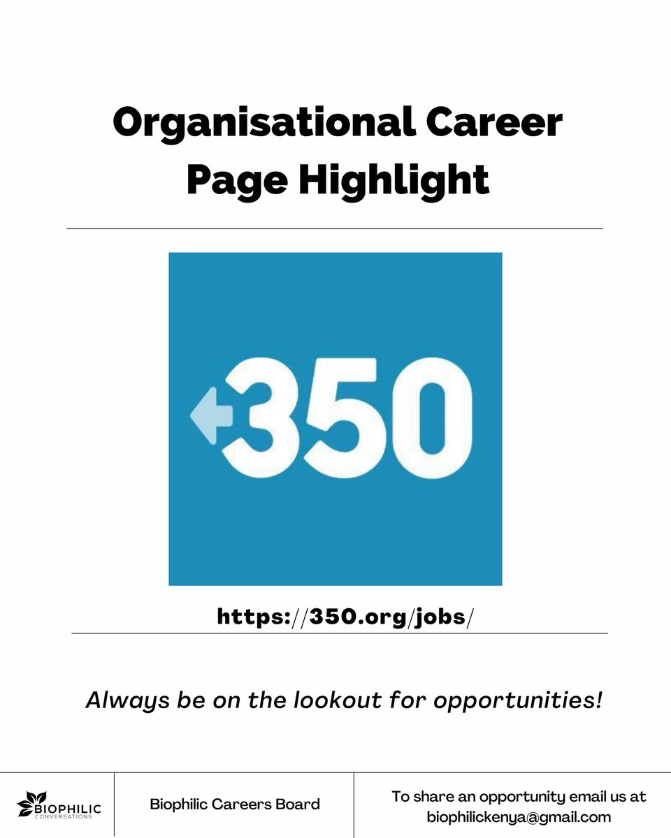 🚪Today, we are showcasing 350 - 350.org.

💚350 is building a future that's just, prosperous, equitable and safe from the effects of the climate crisis.

🌳Visit their job portal now: 350.org/jobs/ 

#BiophilicCareersBoard #ClimateJobs