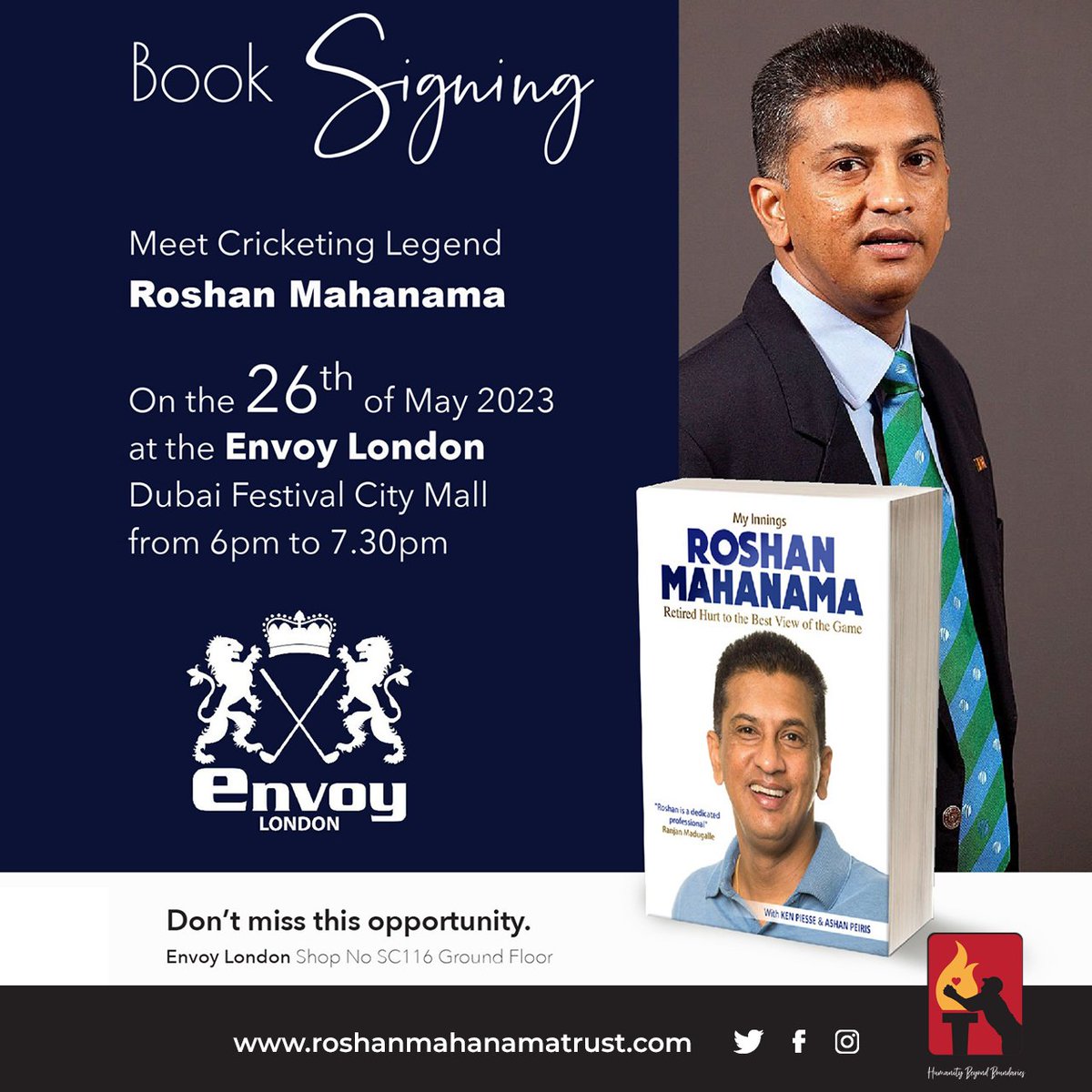 Hoping to see you all on the 26th of May at the Envoy London shop, Dubai Festival City Mall from 06.00 pm - 7.30 pm.

#RoshanMahanamaBookSigning #DubaiBookEvent #MeetTheAuthorRoshanMahanama #BookSigningEvent