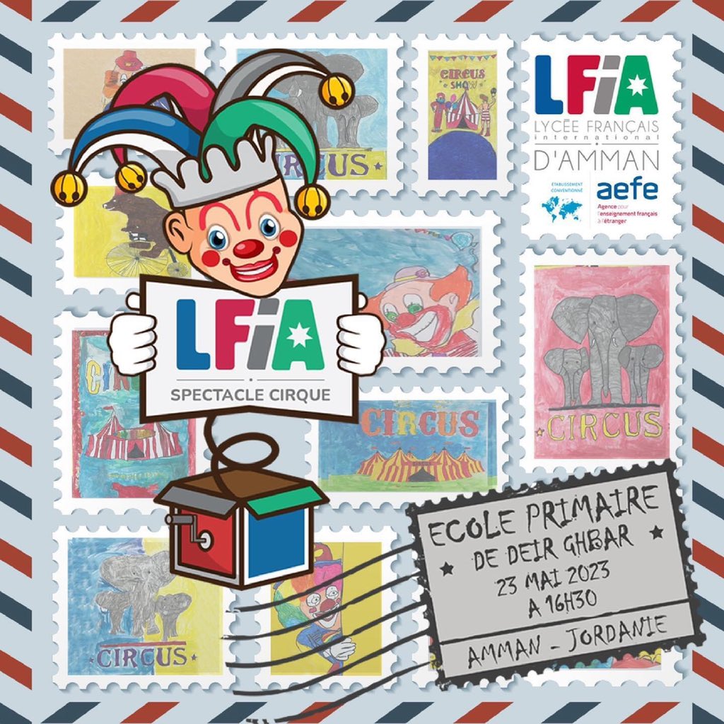 عرض سيرك في المدرسة الابتدائية-دير غبار يوم الثلاثاء ٢٣ أيار ٢٠٢٣، الساعة ٤:٣٠ مساءً.
________________________

Circus show at the primary school-Deir Ghbar, Tuesday, May 23 2023 at 4:30 PM.

#LFiA #aefe #amman #Jordanie #circus #cirque