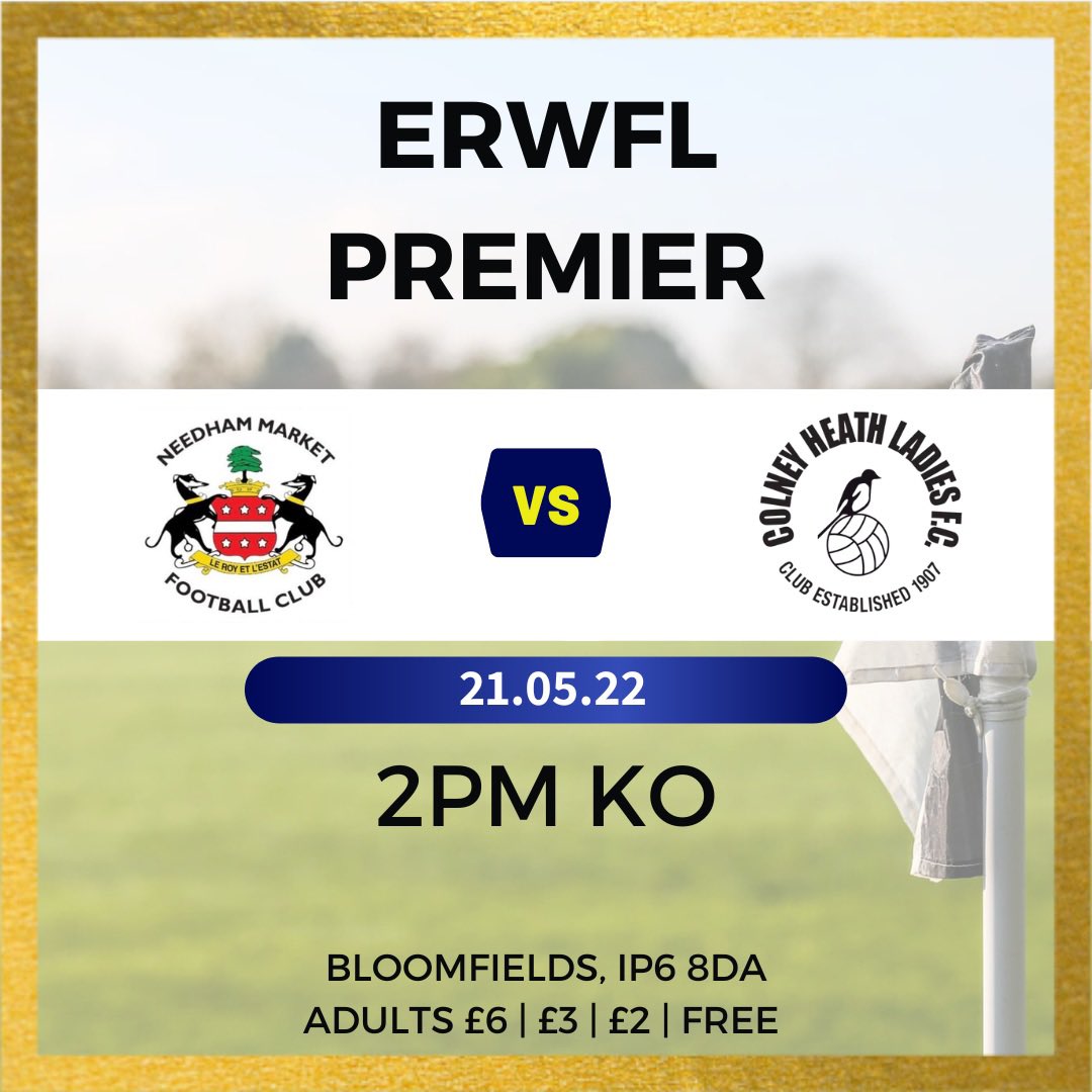 Colney Heath Ladies - Old Account (@colneyhladies) on Twitter photo MATCH DAY | FIRSTS β½οΈ
π <a href="/ERWFLe/">Eastern Region Women's Football League</a> Prem
π (A) <a href="/NMFCWomen/">Needham Market Women's FC</a>
π°οΈ 2pm
π« Β£6 | Β£3 | Β£2 | FREE
With 3 games to go in 7 days and 9pts still up for the taking, the Firsts aim to end on a high βοΈππΌ MATCH DAY | FIRSTS β½οΈ
π <a href="/ERWFLe/">Eastern Region Women's Football League</a> Prem
π (A) <a href="/NMFCWomen/">Needham Market Women's FC</a>
π°οΈ 2pm
π« Β£6 | Β£3 | Β£2 | FREE
With 3 games to go in 7 days and 9pts still up for the taking, the Firsts aim to end on a high βοΈππΌ