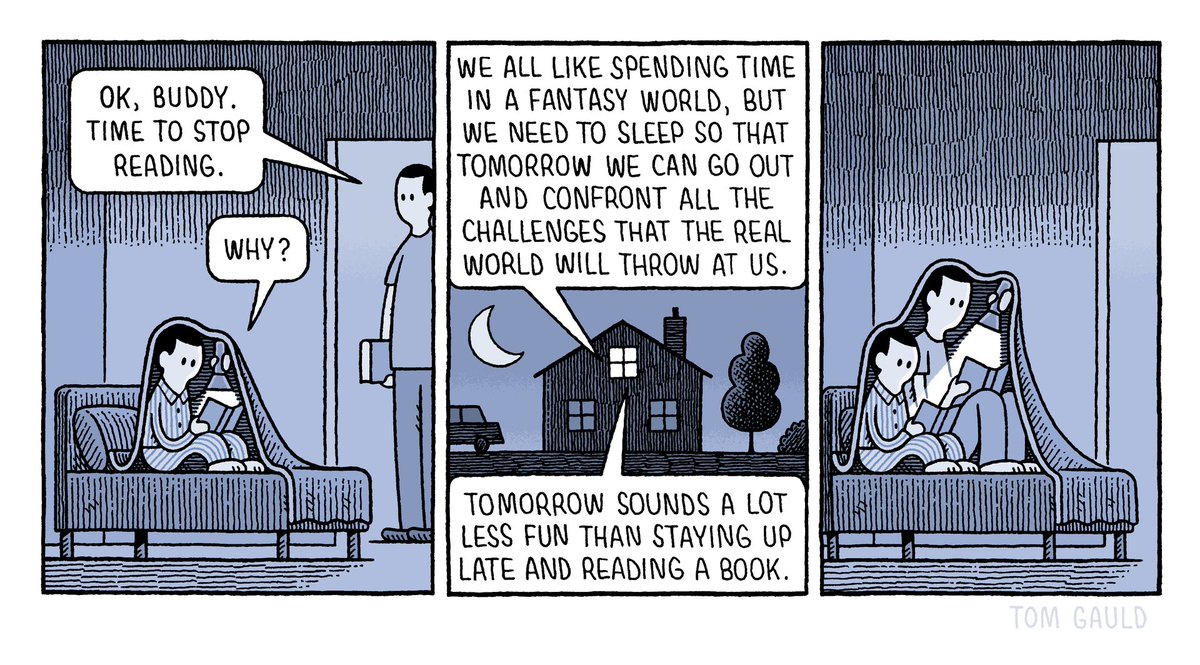 So @tomgauld  got it spot on (he often does) in yesterday’s @guardian with this fab cartoon #readingforpleasure #readingcommunity #readingtogether