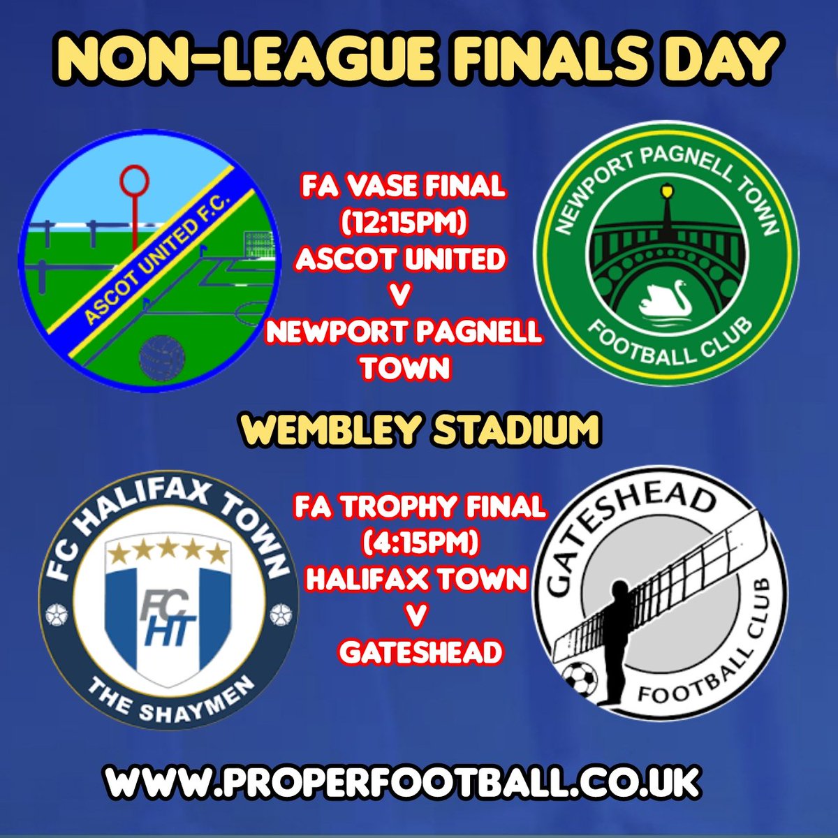 Best of luck to all 4 teams taking part in Non-League finals day at Wembley today.
m.facebook.com/story.php?stor…
@AscotUnitedFC
@nptfc #ascotunited @FCHTOnline @GatesheadFC #newportpagnelltown #gatesheadfc #halifaxtown #FATrophy #FAVase #NonLeague