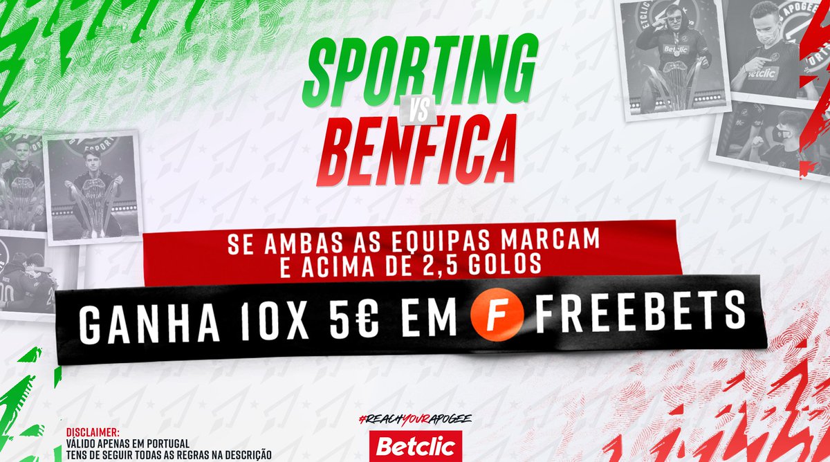 Noite de decisões?! 🔥🇵🇹

Se ambas as equipas marcam e acima de 2,5 golos (apenas no tempo regulamentar), vamos sortear 5€ de Freebets para 10 pessoas! ⚽

- Segue a <a href="/BetclicApogee/">Betclic Apogee Esports</a>;
- Dá RT + FAV;
- Comenta o teu Username Betclic e marca um amigo;

Passatempo termina às 19h30.