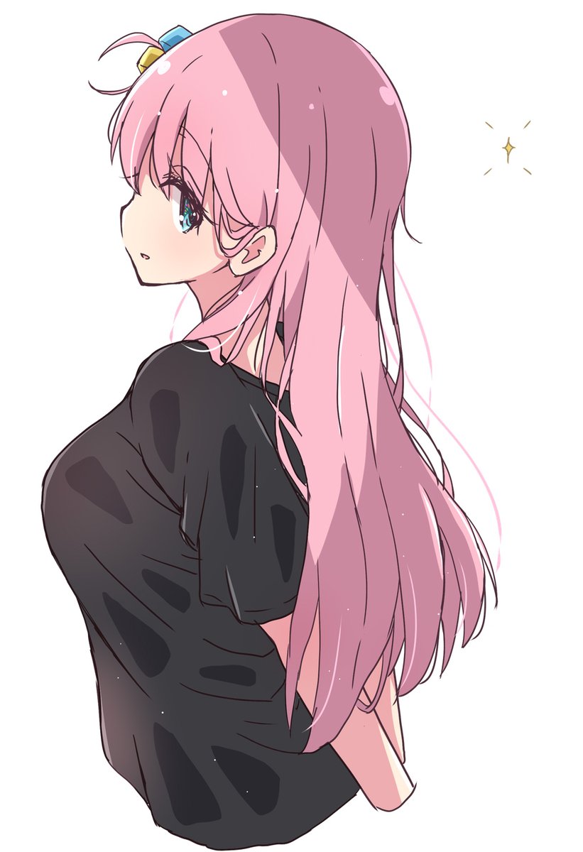 gotou hitori 1girl pink hair solo hair ornament long hair shirt black shirt  illustration images