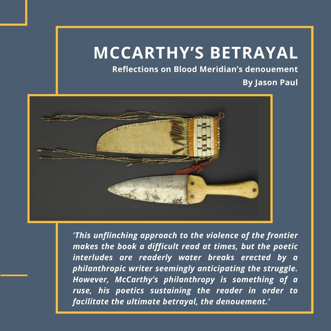 📚 McCarthy’s Betrayal
Reflections on Blood Meridian’s Denouement
Read the full post here: realjasonpaul.wordpress.com/2020/05/24/mcc…

#literarycriticism #bookreview #writing #writingcommunity #amwriting #wordpress #writerslife #writerscommunity #cormacmccarthy #bloodmeridian #denouement