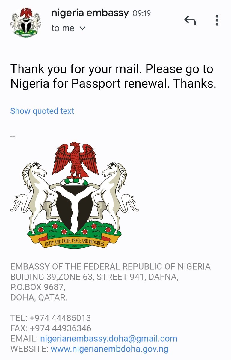 Who did we offend as a country?

Basically, @nigimmigration, your Embassy in Doha just told me that I am on my own.

Shame!
#nigerianimmigrationsservice
#NigerianGovt 
#nigerianpassport
#passportrenewal