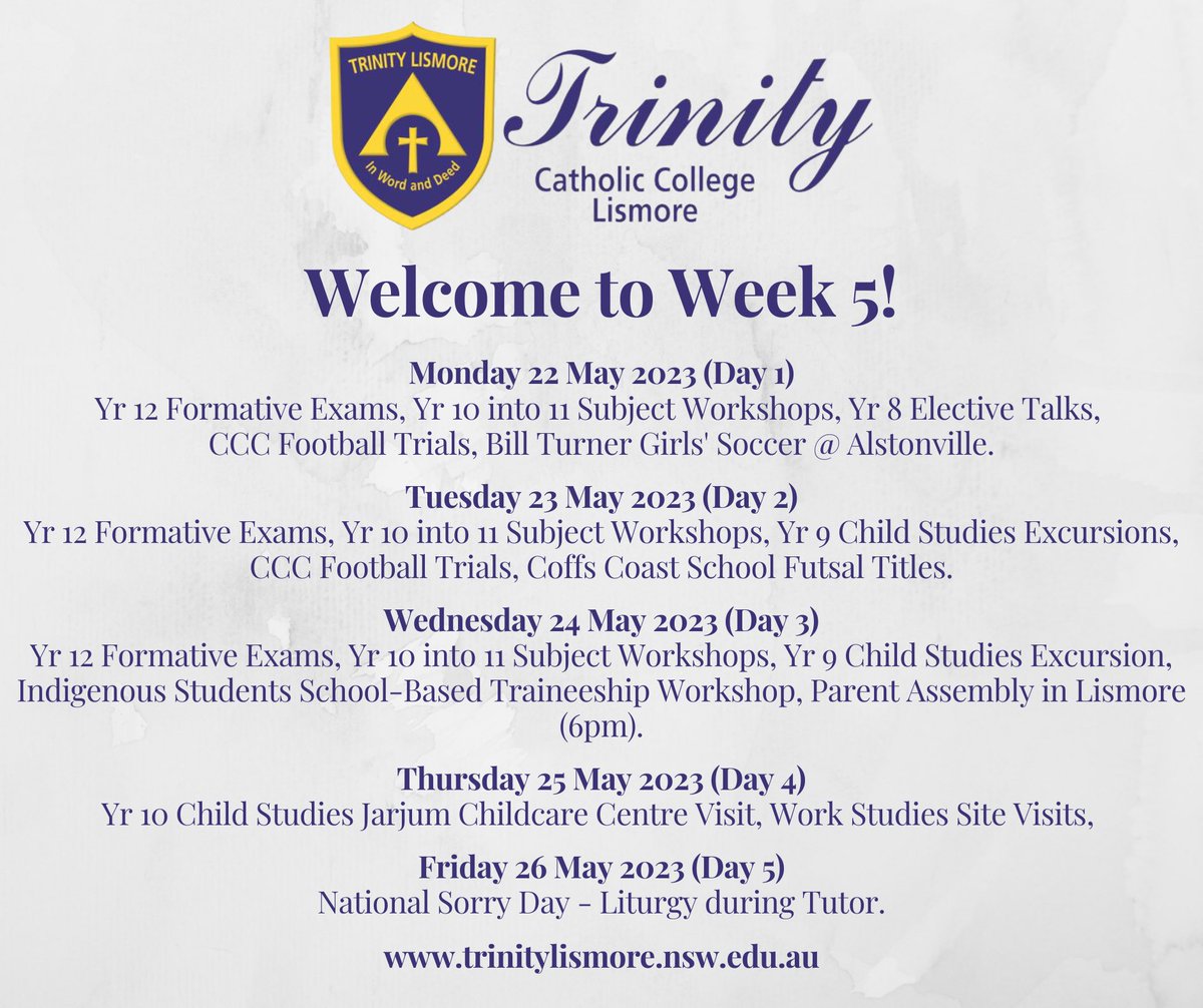 On the back of our College Open, Week 5 is shaping up to be action-packed for our students and staff. #trinitylismore #inwordanddeed #experiencethetrinitydifference