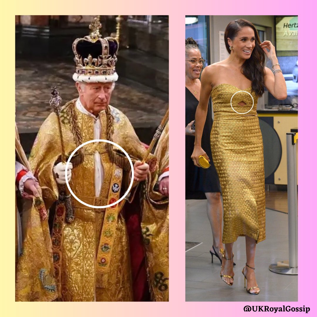 I knew I recognized Meghan’s #HertzDress from somewhere!

Was she inspired by #KingCharlesIII’s gold coronation robe? It even has the same keyhole feature in the middle!

Meghan, you’ll never even get close to a coronation. Bye.

#MeghanMarkleExposed
#MeghanAndHarrySmollett